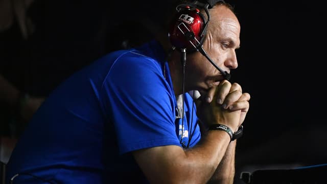 Jul 5, 2019; Daytona Beach, FL, USA; Kaulig Racing president Chris Rice watches his driver Ross Chastain (16) during the Firecracker 250 at Daytona International Speedway