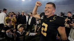 Vanderbilt quarterback Diego Pavia (2) celebrates after the team’s win Kentucky at FirstBank Stadium in Nashville, Tenn., Saturday, Nov. 22, 2025.