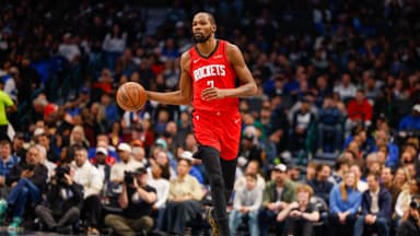 Dec 6, 2025; Dallas, Texas, USA; Houston Rockets forward Kevin Durant (7) brings the ball up the court during the first quarter against the Dallas Mavericks at American Airlines Center