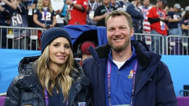 Feb 4, 2018; Minneapolis, MN, USA; NASCAR retired driver Dale Earnhardt, Jr. and wife Amy Reimann in attendance before Super Bowl LII between the Philadelphia Eagles and the New England Patriots at U.S. Bank Stadium