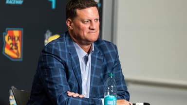 Oct 31, 2025; Avondale, Arizona, USA; NASCAR president Steve O'Donnell speaks to the media during the state of the sport press conference in the media center at Phoenix Raceway.
