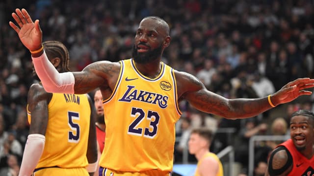 Dec 4, 2025; Toronto, Ontario, CAN; Los Angeles Lakers forward LeBron James (23) reacts after losing the ball against the Toronto Raptors in the first half at Scotiabank Arena