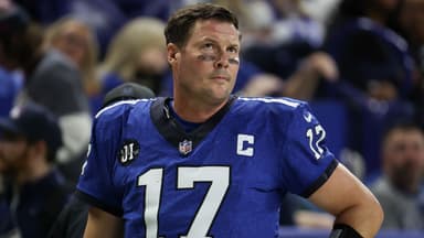 Indianapolis Colts quarterback Philip Rivers (17) looks on in the second quarter of the game against the San Francisco 49ers at Lucas Oil Stadium.