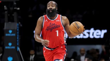 Los Angeles Clippers guard James Harden (1) brings the ball up court against the Brooklyn Nets during the first quarter at Barclays Center.