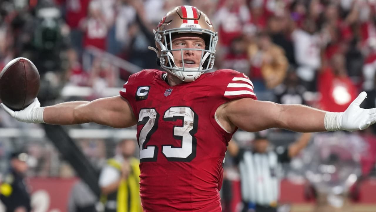 San Francisco 49ers running back Christian McCaffrey (23) celebrates after a touchdown during the second quarter against the Atlanta Falcons at Levi's Stadium.