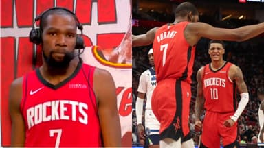 Jan 16, 2026; Houston, Texas, USA; Houston Rockets forward Jabari Smith Jr. (10) reacts to forward Kevin Durant (7) dunk against the Minnesota Timberwolves in the second half at Toyota Center.