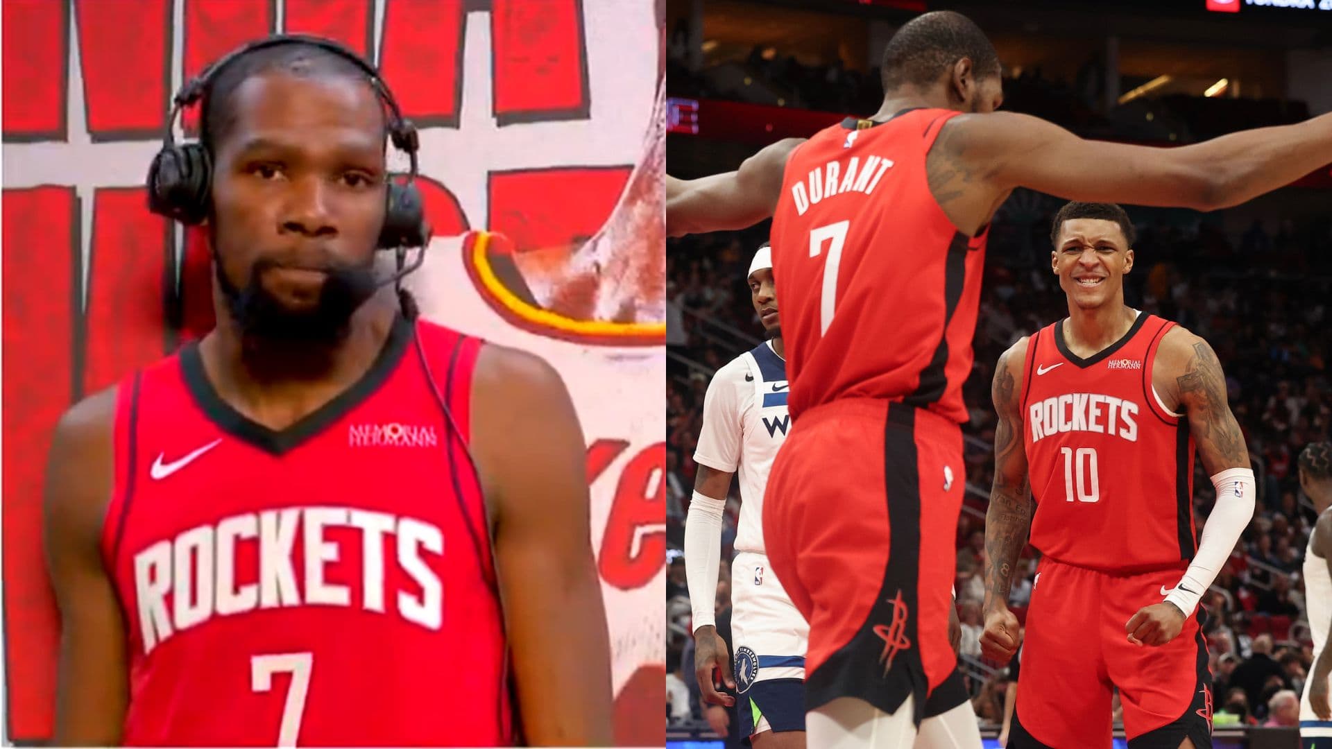 Jan 16, 2026; Houston, Texas, USA; Houston Rockets forward Jabari Smith Jr. (10) reacts to forward Kevin Durant (7) dunk against the Minnesota Timberwolves in the second half at Toyota Center.
