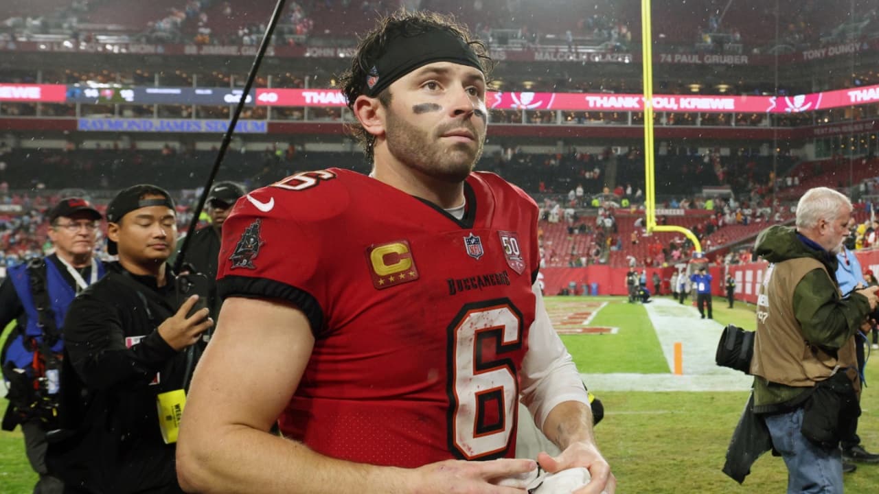 Tampa Bay Buccaneers quarterback Baker Mayfield (6) leaves the field after defeating the Carolina Panthers at Raymond James Stadium.