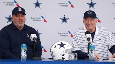 Dallas Cowboys coach Mike McCarthy (left) and owner Jerry Jones at training camp press conference at the River Ridge Fields.