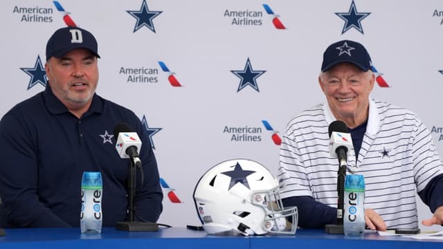 Dallas Cowboys coach Mike McCarthy (left) and owner Jerry Jones at training camp press conference at the River Ridge Fields.