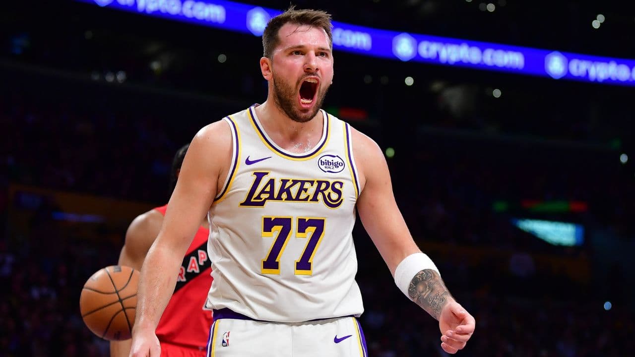 Los Angeles Lakers guard Luka Doncic (77) reacts during the first half at Crypto.com Arena