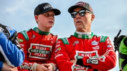 Former NASCAR Cup Series champion Kevin Harvick, center, right, and his son Keelan, 13, look on before the two raced in the 13th annual Masters of the Pros 200 race on Wednesday, July 16, 2025, at the Owosso Speedway.