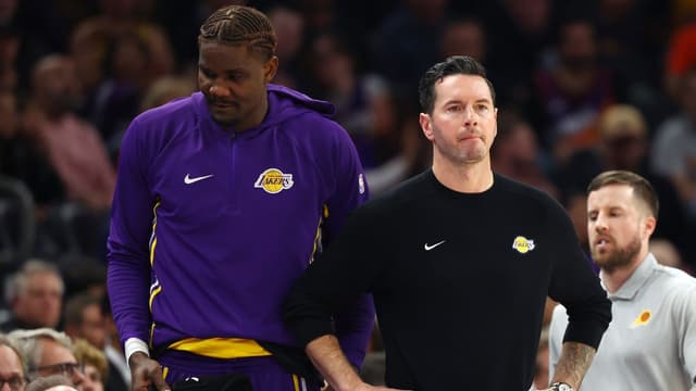 Los Angeles Lakers center Deandre Ayton (left) and head coach JJ Redick against the Phoenix Suns at Mortgage Matchup Center.