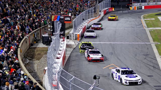 Feb 2, 2025; WInston-Salem, North Carolina, USA; NASCAR Cup Series driver Chase Elliot (9) leads the field during the Clash at Bowman Gray at Bowman Gray Stadium