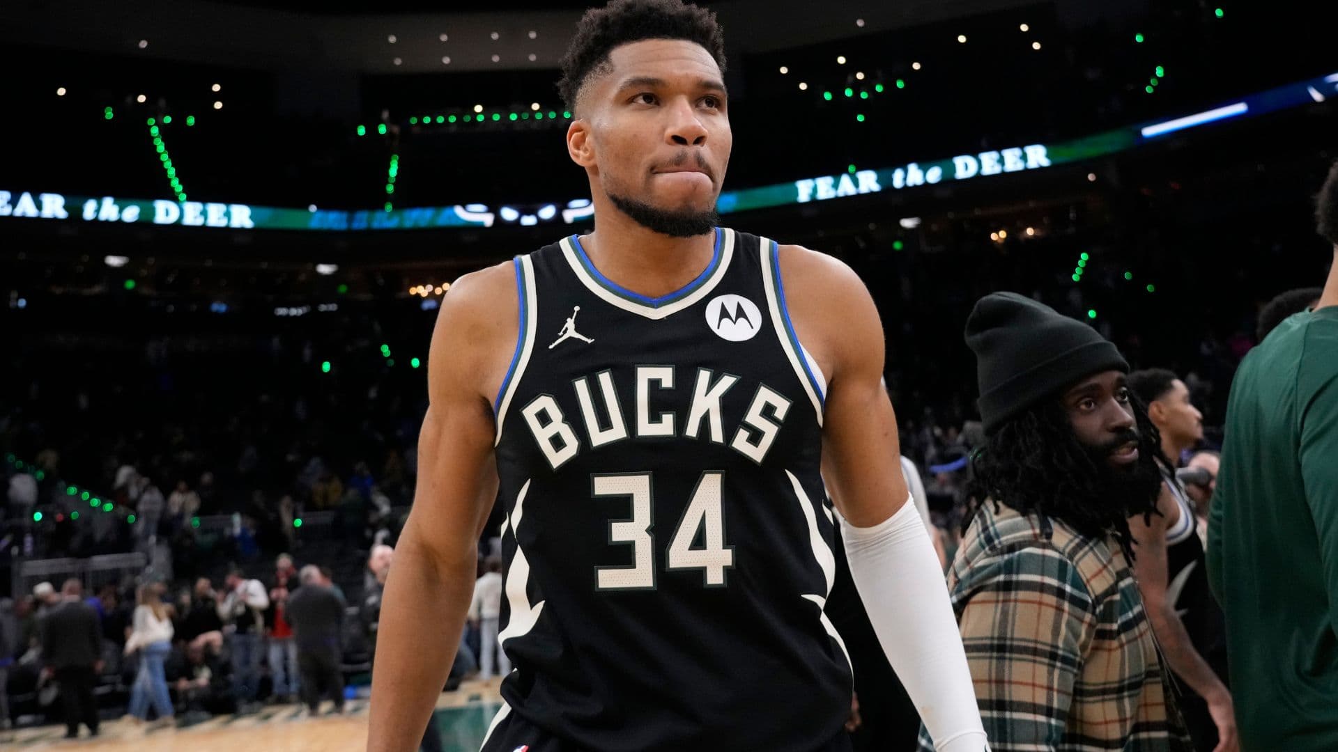 Jan 23, 2026; Milwaukee, Wisconsin, USA; Milwaukee Bucks forward Giannis Antetokounmpo (34) walks from the court following the game against the Denver Nuggets at Fiserv Forum