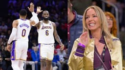 (L) Russell Westbrook and LeBron James (R) Jeanie Buss