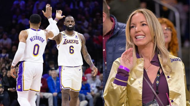 (L) Russell Westbrook and LeBron James (R) Jeanie Buss