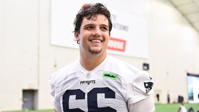 New England Patriots offensive tackle Will Campbell (66) speaks to the media after minicamp held in the WIN Field House at Gillette Stadium.
