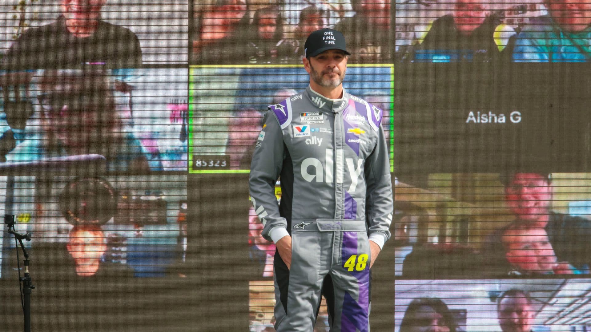 Nov 8, 2020; Avondale, Arizona, USA; NASCAR driver Jimmie Johnson (48) is honored prior to the final start of his career in the NASCAR Cup Series Championship at Phoenix Raceway.