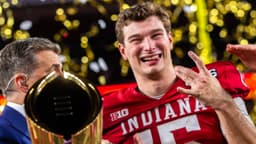 Indiana's Fernando Mendoza (15) smiles as he celebrates after the College Football Playoff National Championship college football game at Hard Rock Stadium in Miami Gardens on Monday, Jan. 19, 2026.