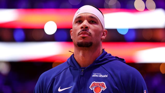 Jan 24, 2026; Philadelphia, Pennsylvania, USA; New York Knicks guard Josh Hart stands for the anthem before action against the Philadelphia 76ers at Xfinity Mobile Arena.