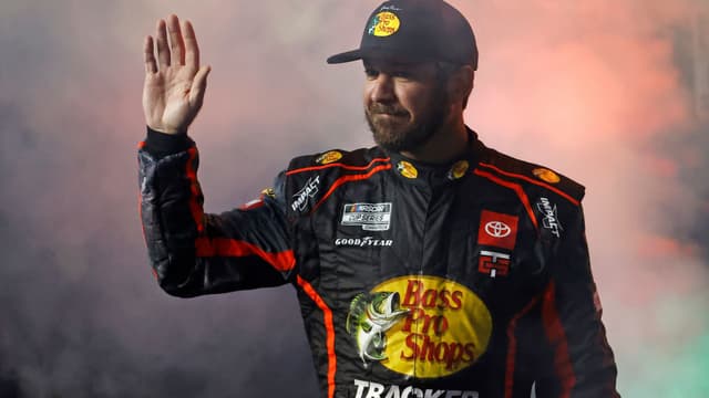 Feb 13, 2025; Daytona Beach, Florida, USA; NASCAR Cup Series driver Martin Truex Jr. (56) during driver introductions for the Duels at Daytona International Speedway