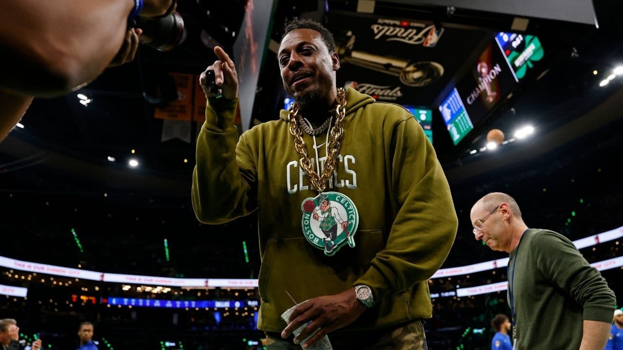 Boston Celtics former player Paul Pierce looks into a video camera on the court before game two of the 2024 NBA Finals between the Boston Celtics and the Dallas Mavericks at TD Garden.
