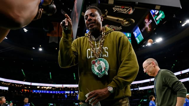 Boston Celtics former player Paul Pierce looks into a video camera on the court before game two of the 2024 NBA Finals between the Boston Celtics and the Dallas Mavericks at TD Garden.