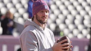 Bills quarterback Josh Allen gets out hours earlier on Empower FIeld at Mile High in Denver, Colorado to warm up before the game on Jan. 17, 2026.