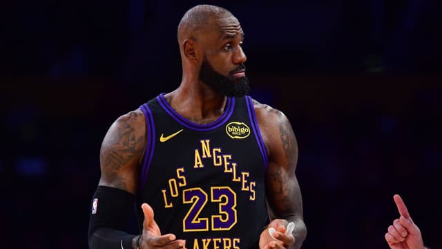 USA; Los Angeles Lakers forward LeBron James (23) reacts during the second half at Crypto.com Arena.