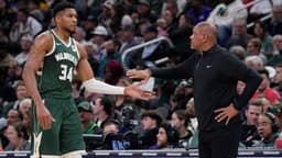 Oct 25, 2024; Milwaukee, Wisconsin, USA; Milwaukee Bucks head coach Doc Rivers takes Milwaukee Bucks forward Giannis Antetokounmpo (34) out of the game in the fourth quarter against the Chicago Bulls at Fiserv Forum