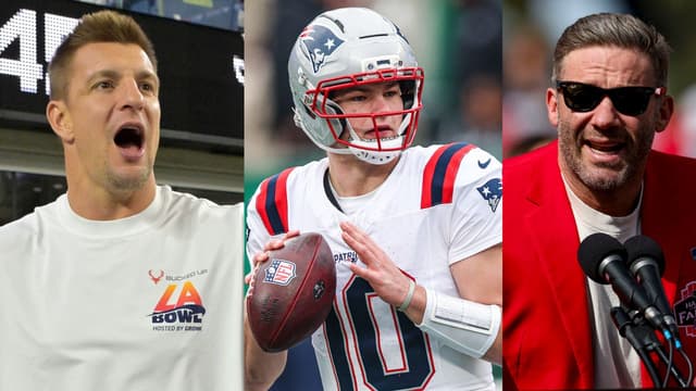 Rob Gronkowski, Drake Maye, and Julian Edelman (left to right)