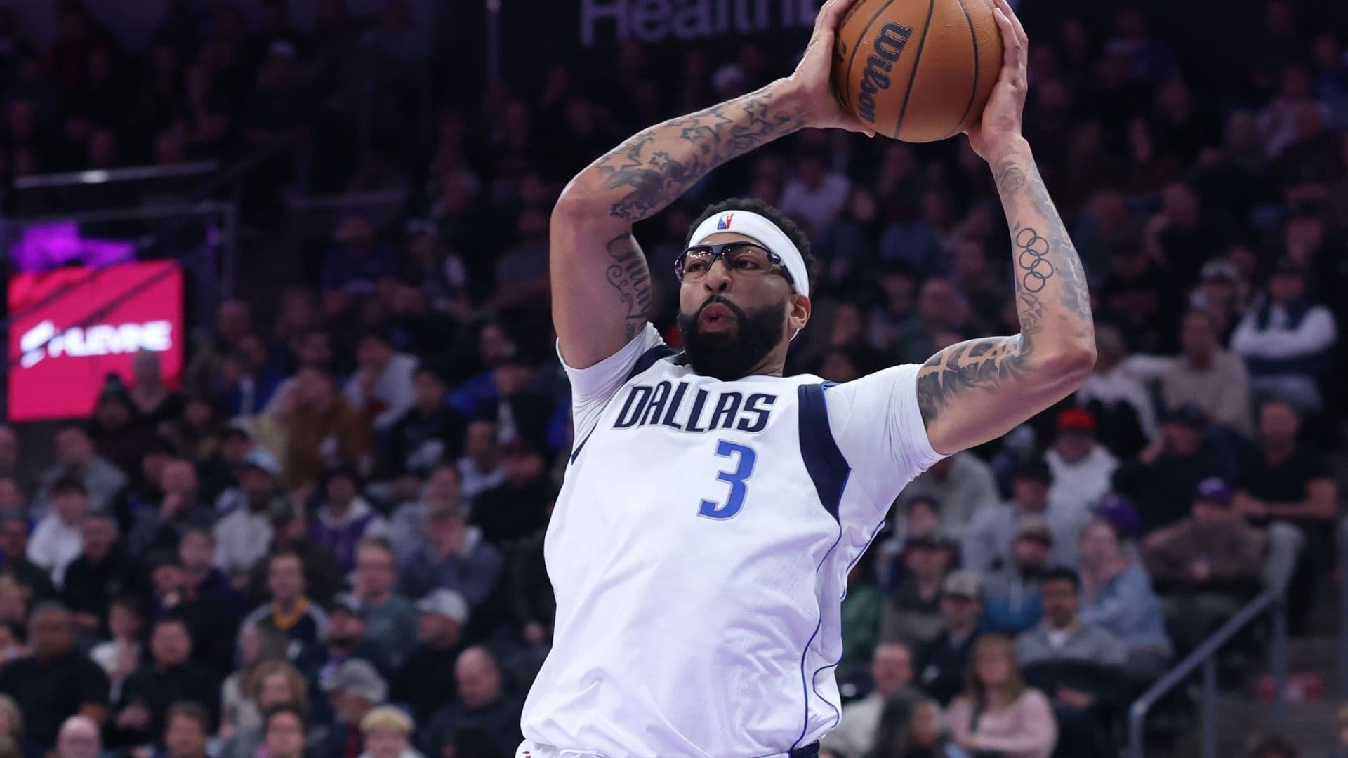 Jan 8, 2026; Salt Lake City, Utah, USA; Dallas Mavericks forward Anthony Davis (3) looks to pass against the Utah Jazz during the first half at Delta Center