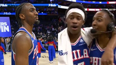 Jan 19, 2026; Philadelphia, Pennsylvania, USA; Philadelphia 76ers guard Tyrese Maxey (0) on the court after win against the Indiana Pacers at Xfinity Mobile Arena.