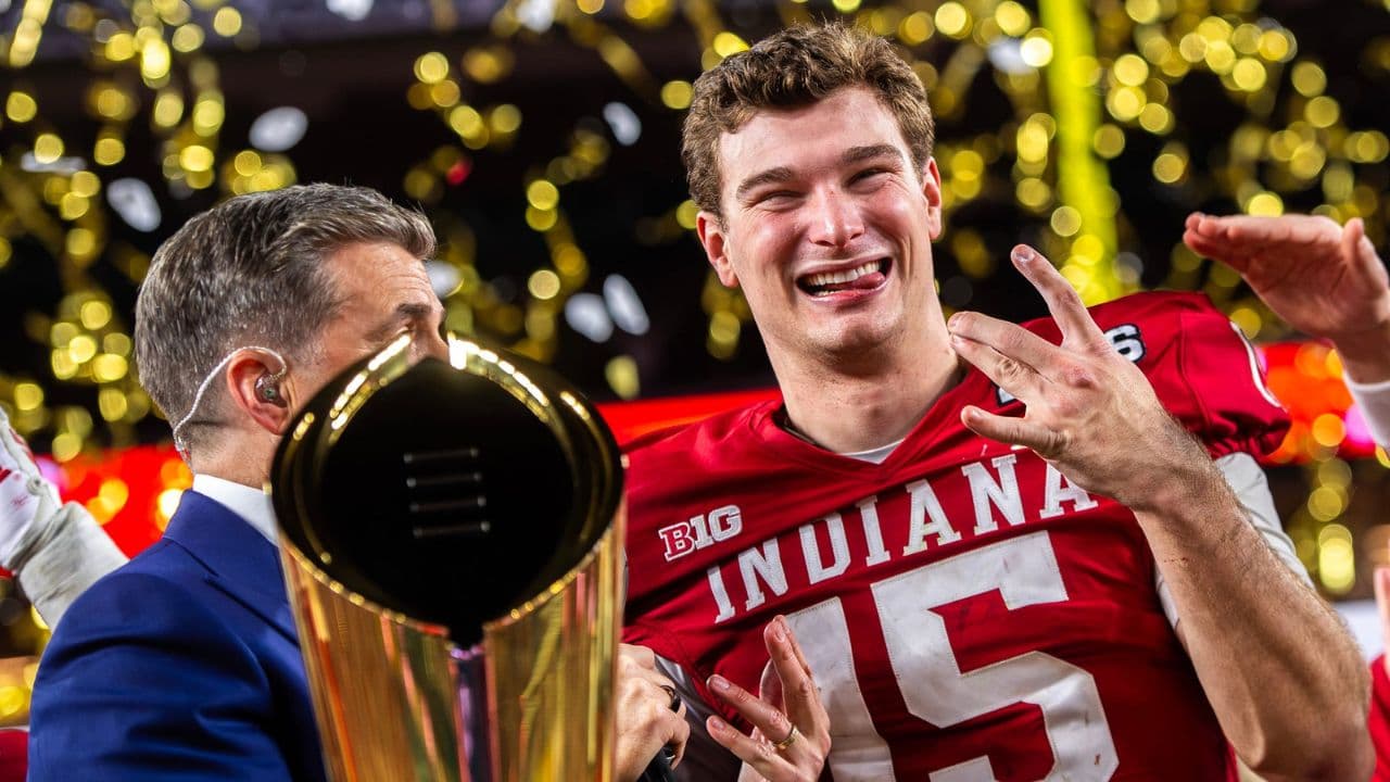 Indiana's Fernando Mendoza (15) smiles as he celebrates after the College Football Playoff National Championship college football game at Hard Rock Stadium in Miami Gardens on Monday, Jan. 19, 2026.