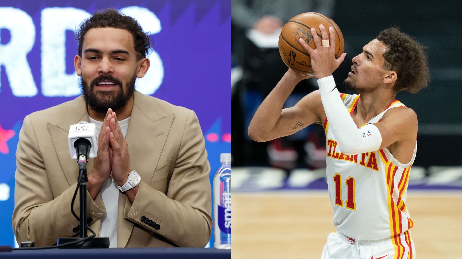 Trae Young in a press conference for Washington Wizards (L) | Trae Young, 2021 (R)