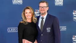 Jan 19, 2024; Charlotte, NC, USA; Dale Earnhardt Jr. and his wife Amy during the red carpet at Charlotte Convention Center Crown Ballroom