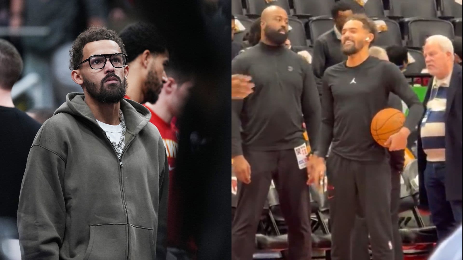 Trae Young (L) and Trae Young laughing ahead of Hawks vs. Raptors