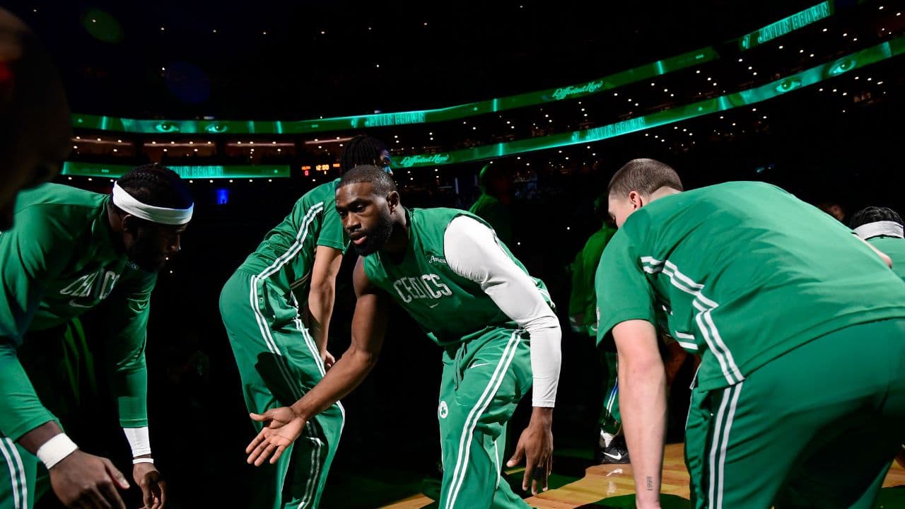 Dec 22, 2025; Boston, Massachusetts, USA; Boston Celtics guard Jaylen Brown (7) is introduced to the crowd prior to a game against the Indiana Pacers at TD Garden. Mandatory Credit: Bob DeChiara-Imagn Images