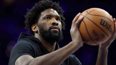 Jan 22, 2026; Philadelphia, Pennsylvania, USA; Philadelphia 76ers center Joel Embiid before action against the Houston Rockets at Xfinity Mobile Arena.