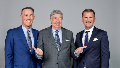 FOX NASCAR broadcast booth announcers (L-R) Kevin Harvick, Mike Joy and Clint Bowyer.