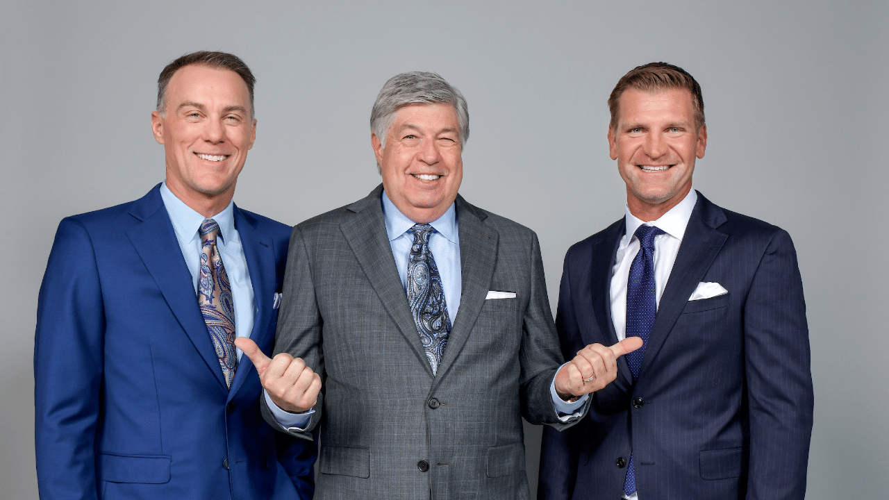 FOX NASCAR broadcast booth announcers (L-R) Kevin Harvick, Mike Joy and Clint Bowyer.