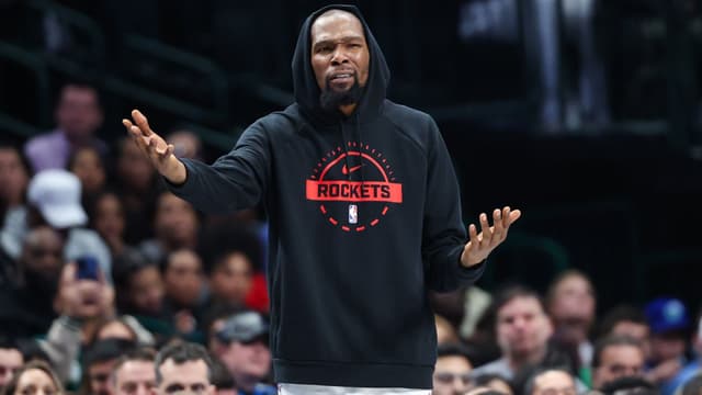 Jan 3, 2026; Dallas, Texas, USA; Houston Rockets forward Kevin Durant (7) reacts on the bench during the second half against the Dallas Mavericks at American Airlines Center.