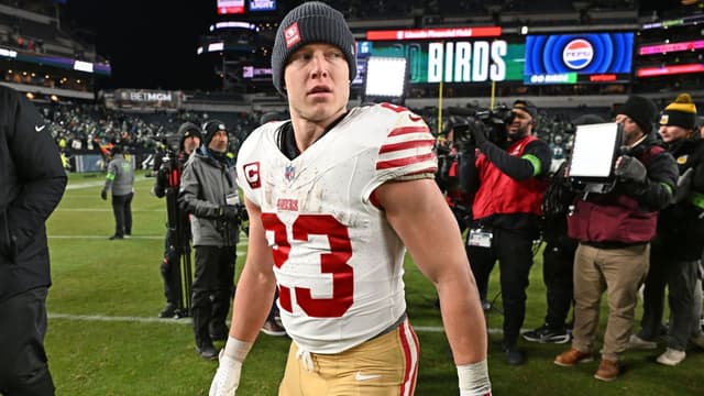 San Francisco 49ers running back Christian McCaffrey (23) on the field after win against the Philadelphia Eagles in an NFC Wild Card Round game at Lincoln Financial Field.