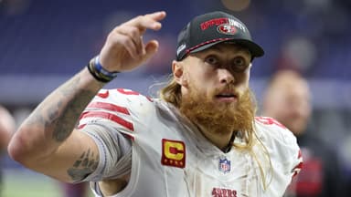San Francisco 49ers tight end George Kittle (85) leaves the field after the game against the Indianapolis Colts at Lucas Oil Stadium.
