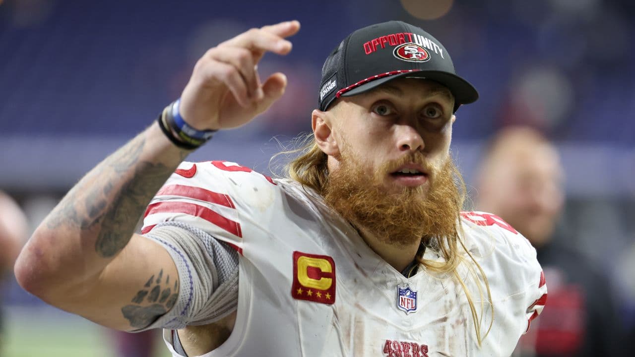 San Francisco 49ers tight end George Kittle (85) leaves the field after the game against the Indianapolis Colts at Lucas Oil Stadium.