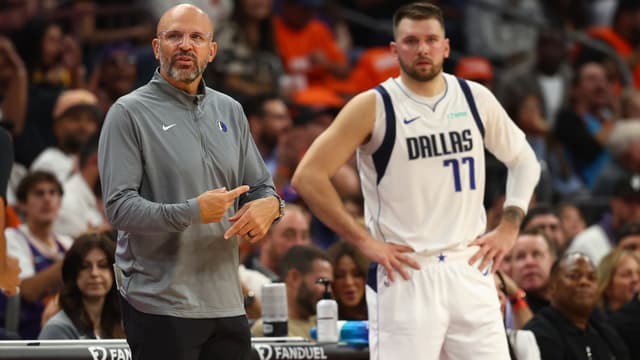 Oct 26, 2024; Phoenix, Arizona, USA; Dallas Mavericks head coach Jason Kidd with guard Luka Doncic (77) against the Phoenix Suns in the first half at Footprint Center