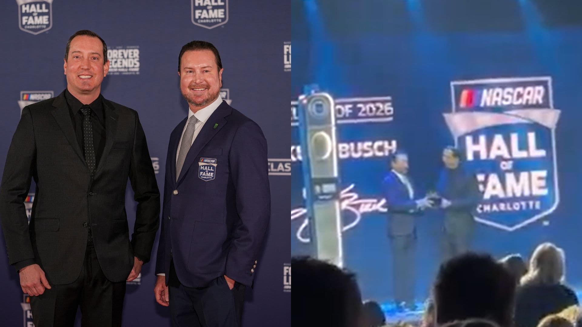 Jan 23, 2026; Charlotte, NC, USA; Kyle and Kurt Busch pose on the red carpet during the NASCAR Hall of Fame Induction at Charlotte Convention Center - Crown Ballroom.
