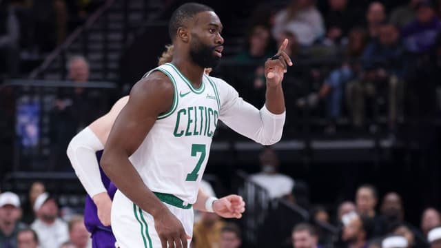 Dec 30, 2025; Salt Lake City, Utah, USA; Boston Celtics guard Jaylen Brown (7) reacts after a play against the Utah Jazz during the second half at Delta Center.