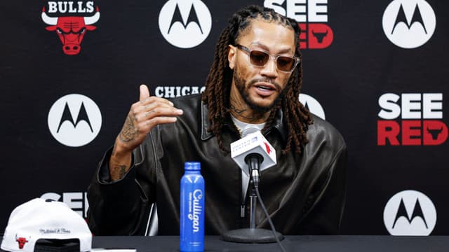 Jan 24, 2026; Chicago, Illinois, USA; Former Chicago Bulls player Derrick Rose speaks during a press conference before an NBA game between the Chicago Bulls and Boston Celtics at United Center